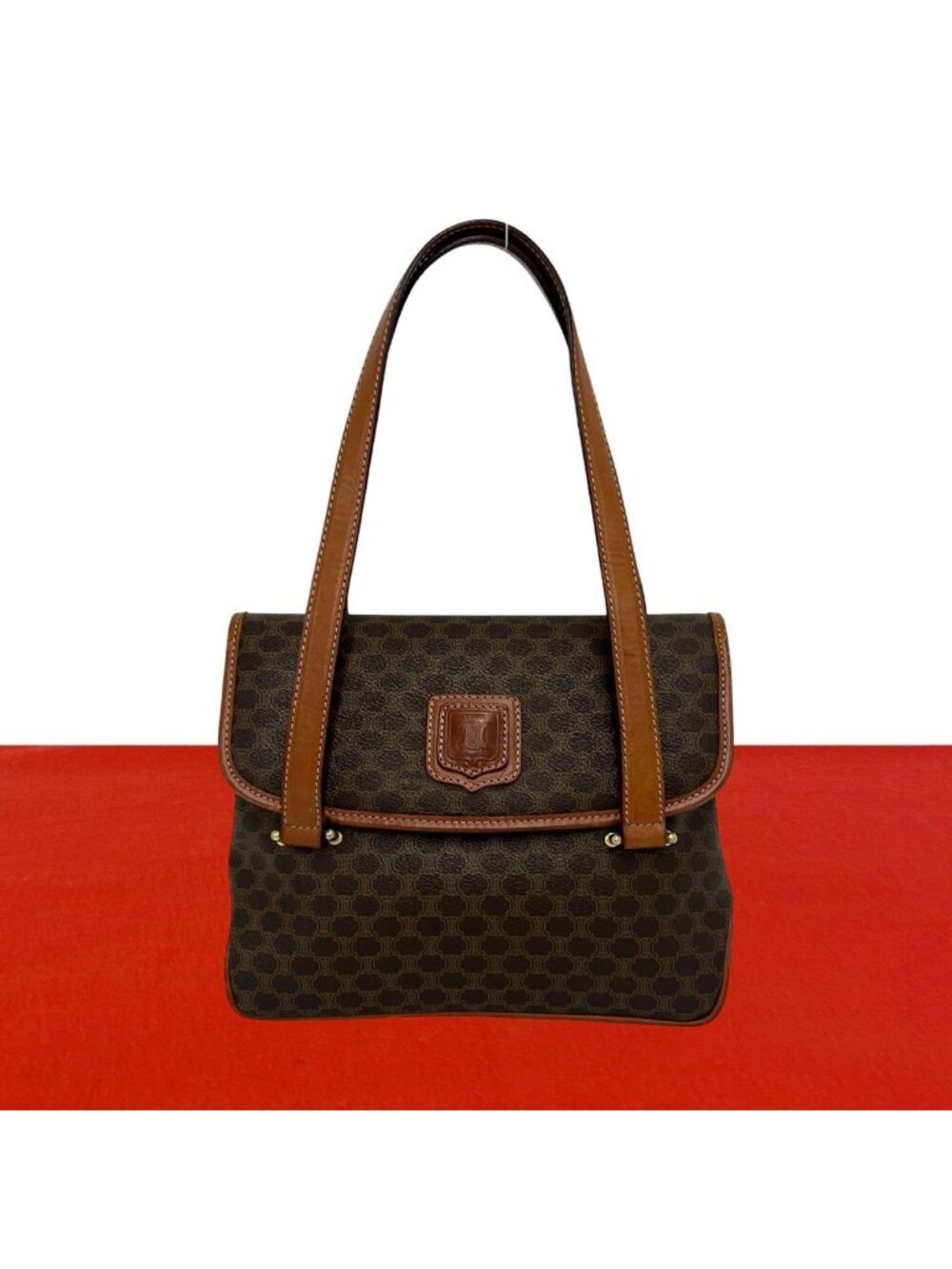 Celine Vintage Macadam Blason Leather Tote Shoulder Bag Brown